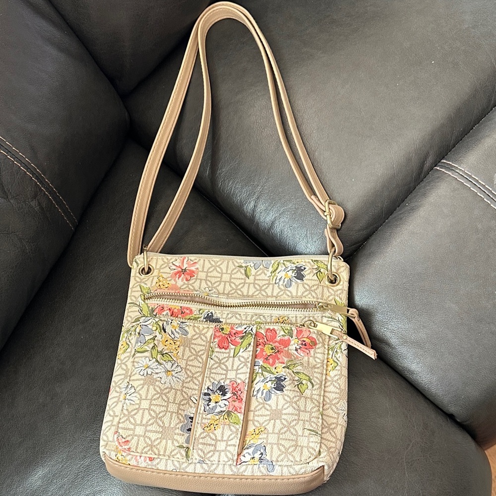 Beige Floral Crossbody Bag with Adjustable Strap